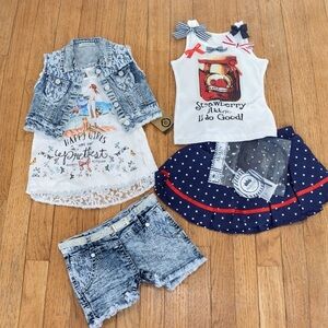 3T Matching Outfit Sets | Shirt & Denim Shorts + Shirt & Skirt w/ Headband | NEW